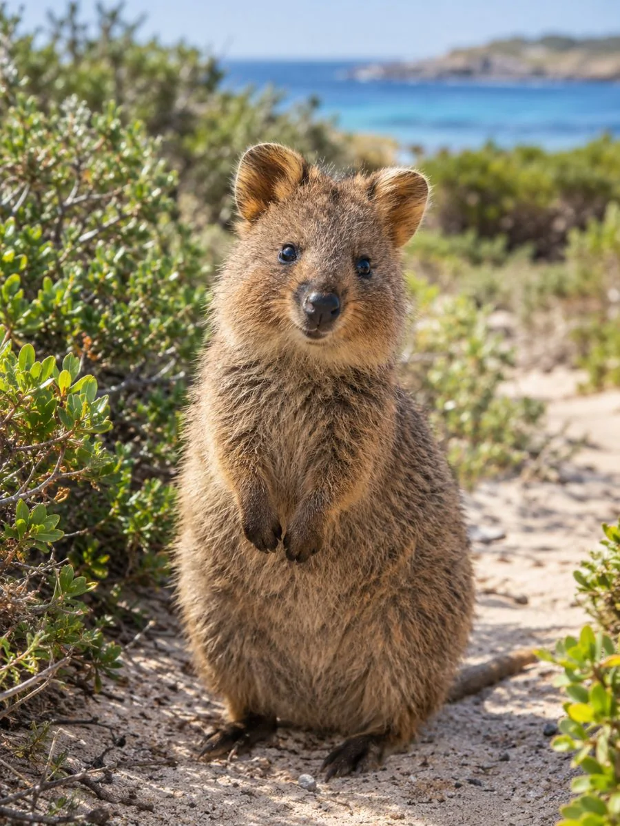 A quokka sitting upright on a sandy path among coastal shrubs on Rottnest Island